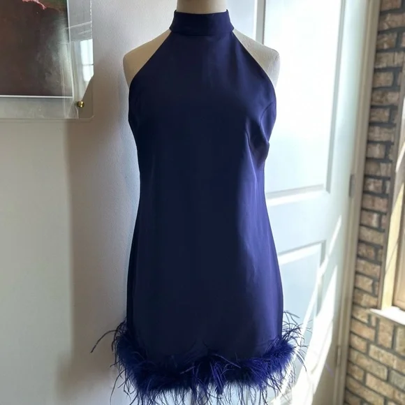 Sam Edelman Dresses Sam Edelman Navy Blue Feather Hem Halter